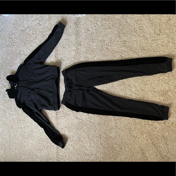 PINK VS Suede lined Hooded Sweater Pant Set Black XS - Picture 12 of 12